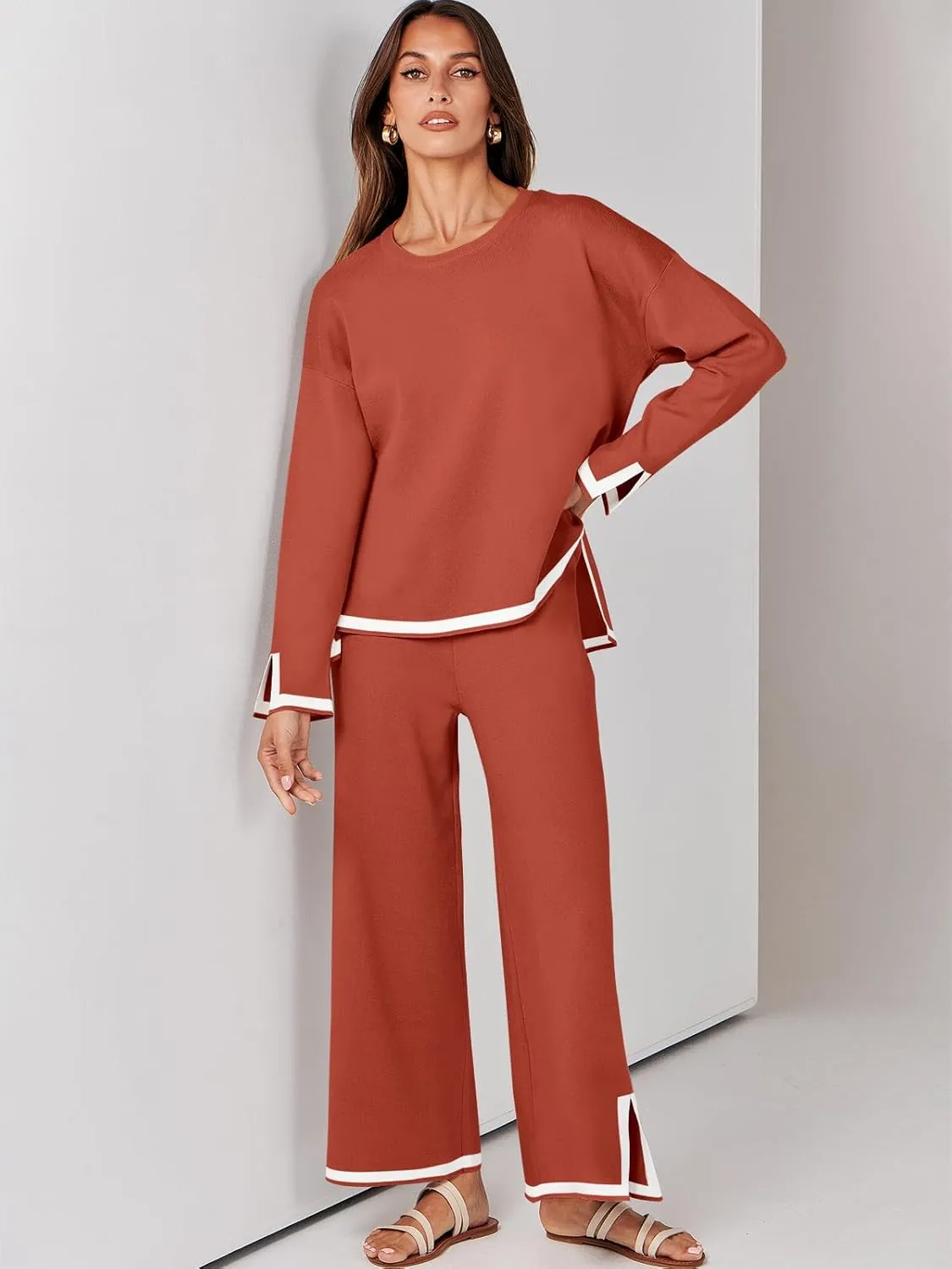 ANRABESS Women's Two Piece Outfits Knit Pullover Sweater Tops & Wide leg Pants Lounge Matching Sweatsuit Tracksuits Sets