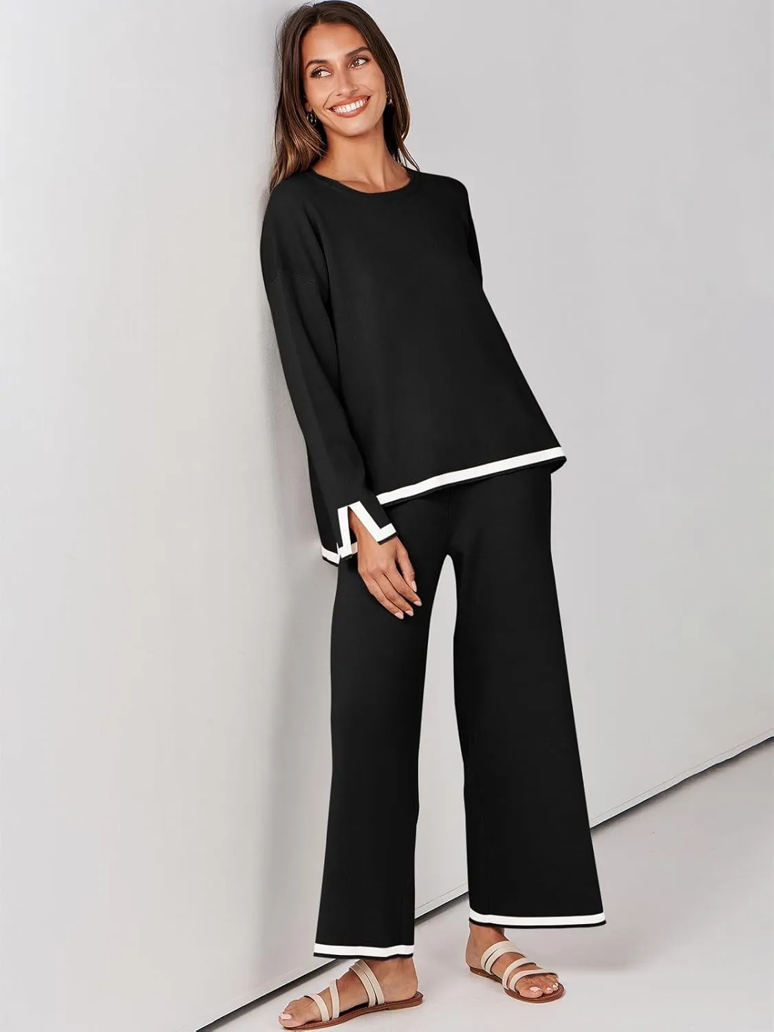 ANRABESS Women's Two Piece Outfits Knit Pullover Sweater Tops & Wide leg Pants Lounge Matching Sweatsuit Tracksuits Sets