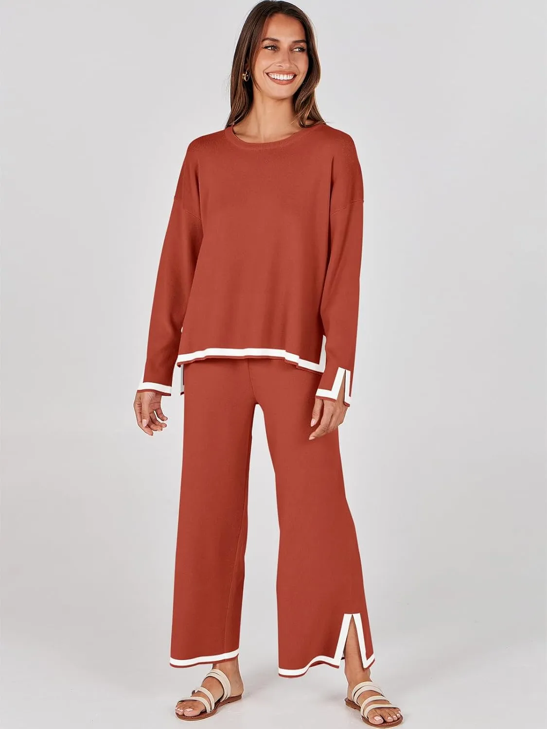 ANRABESS Women's Two Piece Outfits Knit Pullover Sweater Tops & Wide leg Pants Lounge Matching Sweatsuit Tracksuits Sets