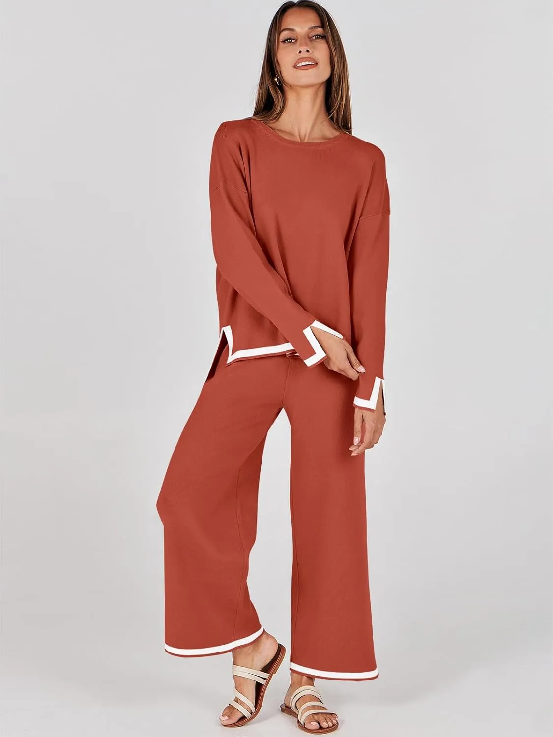 ANRABESS Women's Two Piece Outfits Knit Pullover Sweater Tops & Wide leg Pants Lounge Matching Sweatsuit Tracksuits Sets