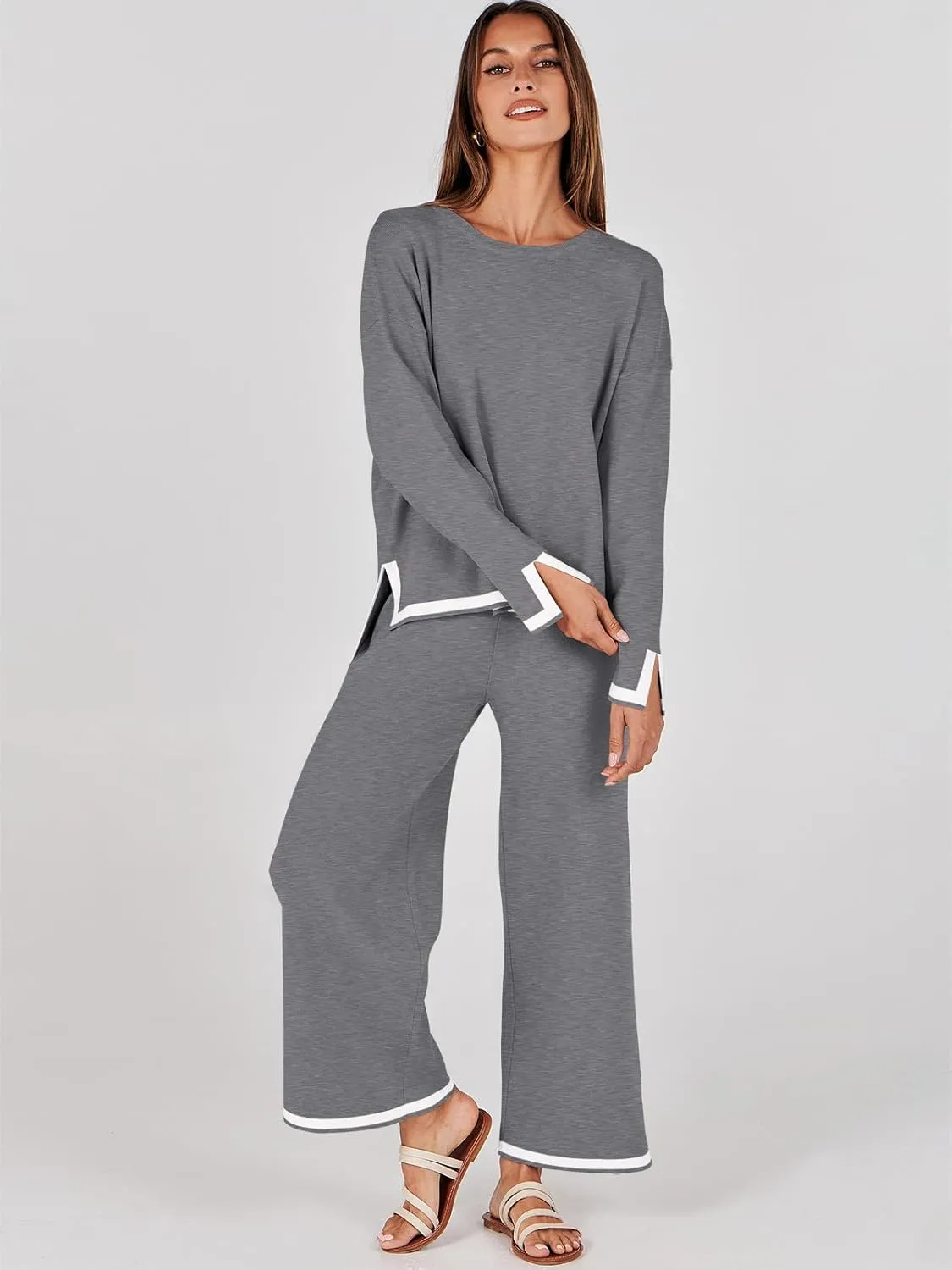 ANRABESS Women's Two Piece Outfits Knit Pullover Sweater Tops & Wide leg Pants Lounge Matching Sweatsuit Tracksuits Sets