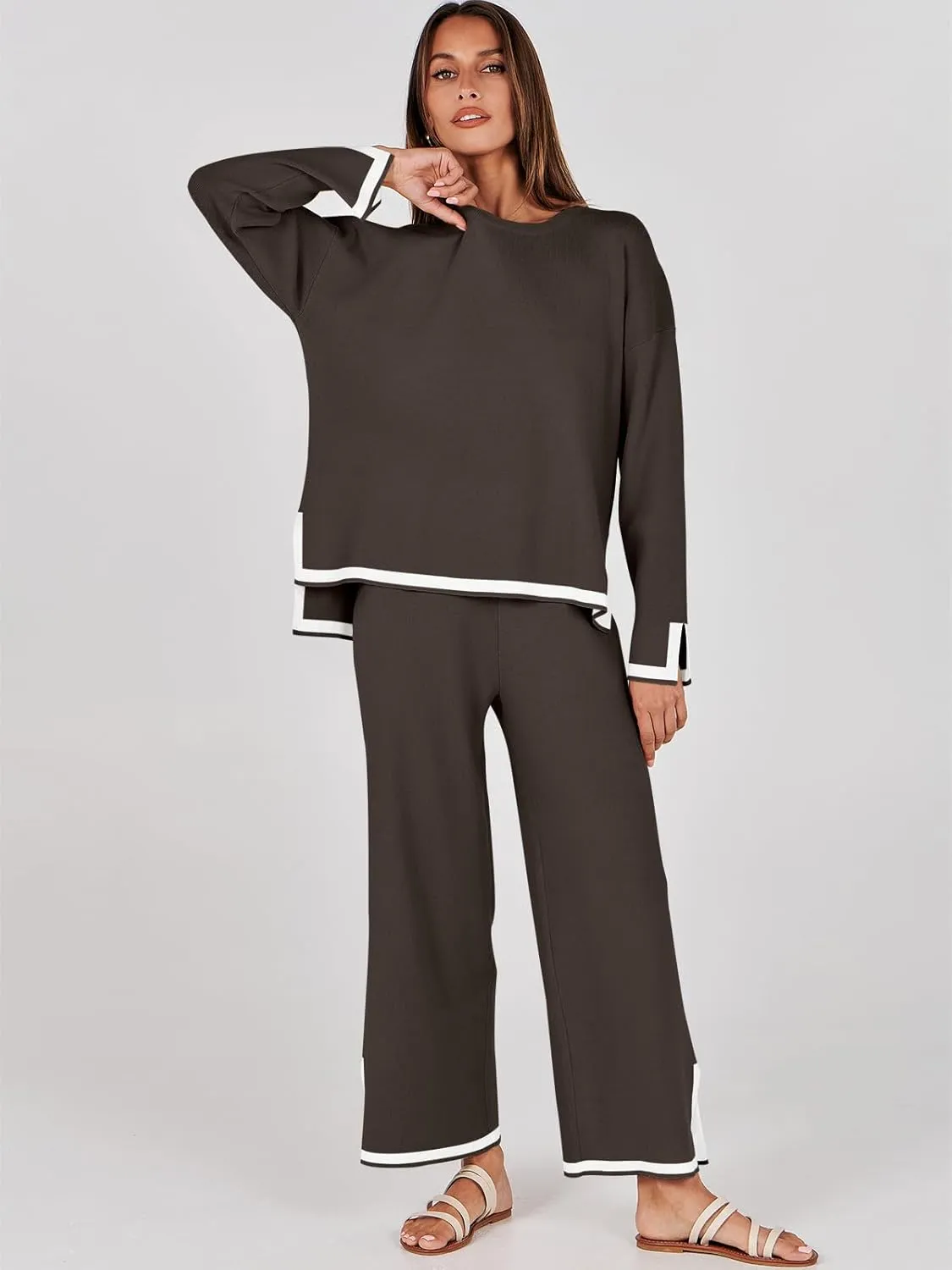 ANRABESS Women's Two Piece Outfits Knit Pullover Sweater Tops & Wide leg Pants Lounge Matching Sweatsuit Tracksuits Sets