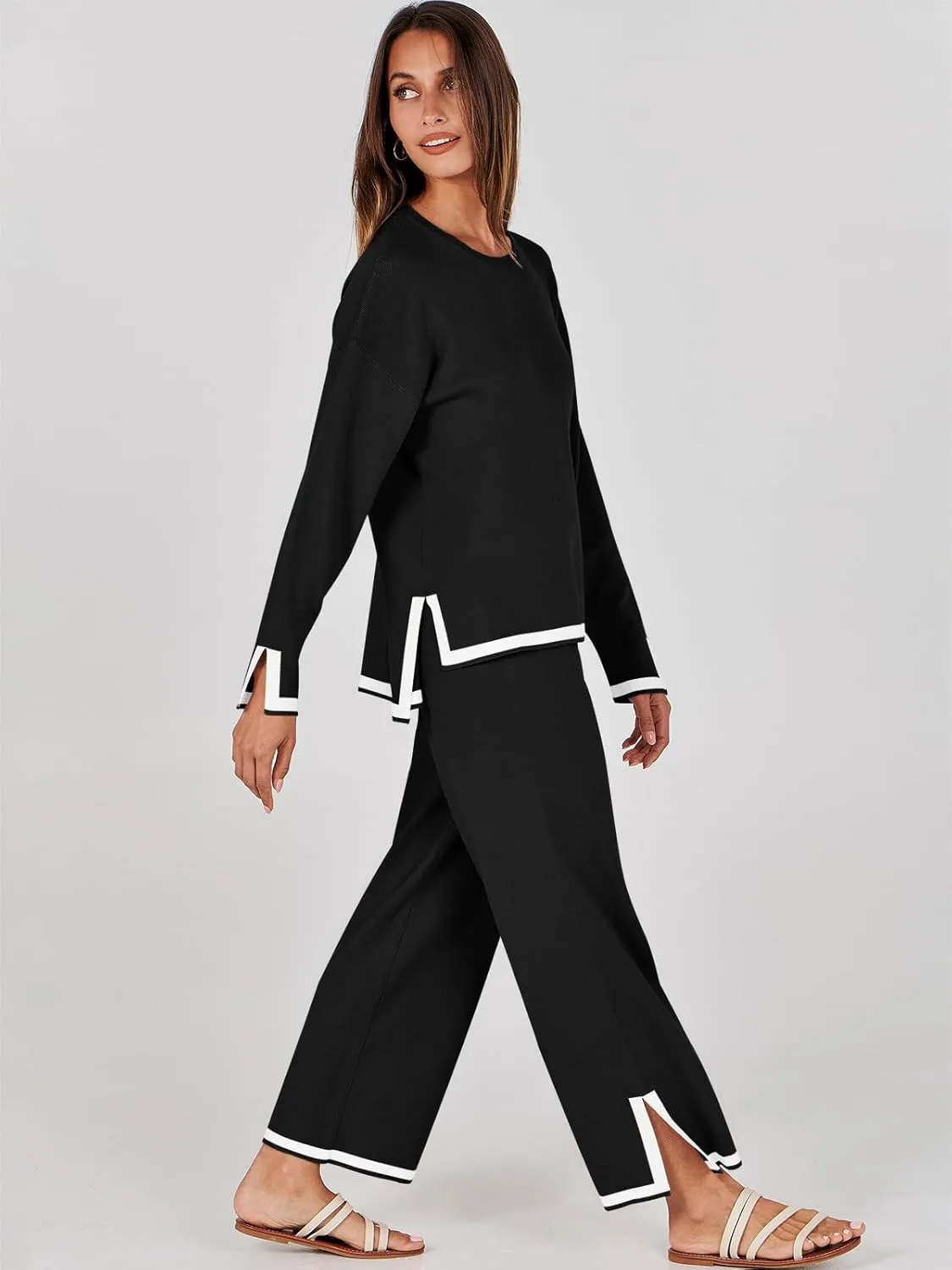 ANRABESS Women's Two Piece Outfits Knit Pullover Sweater Tops & Wide leg Pants Lounge Matching Sweatsuit Tracksuits Sets
