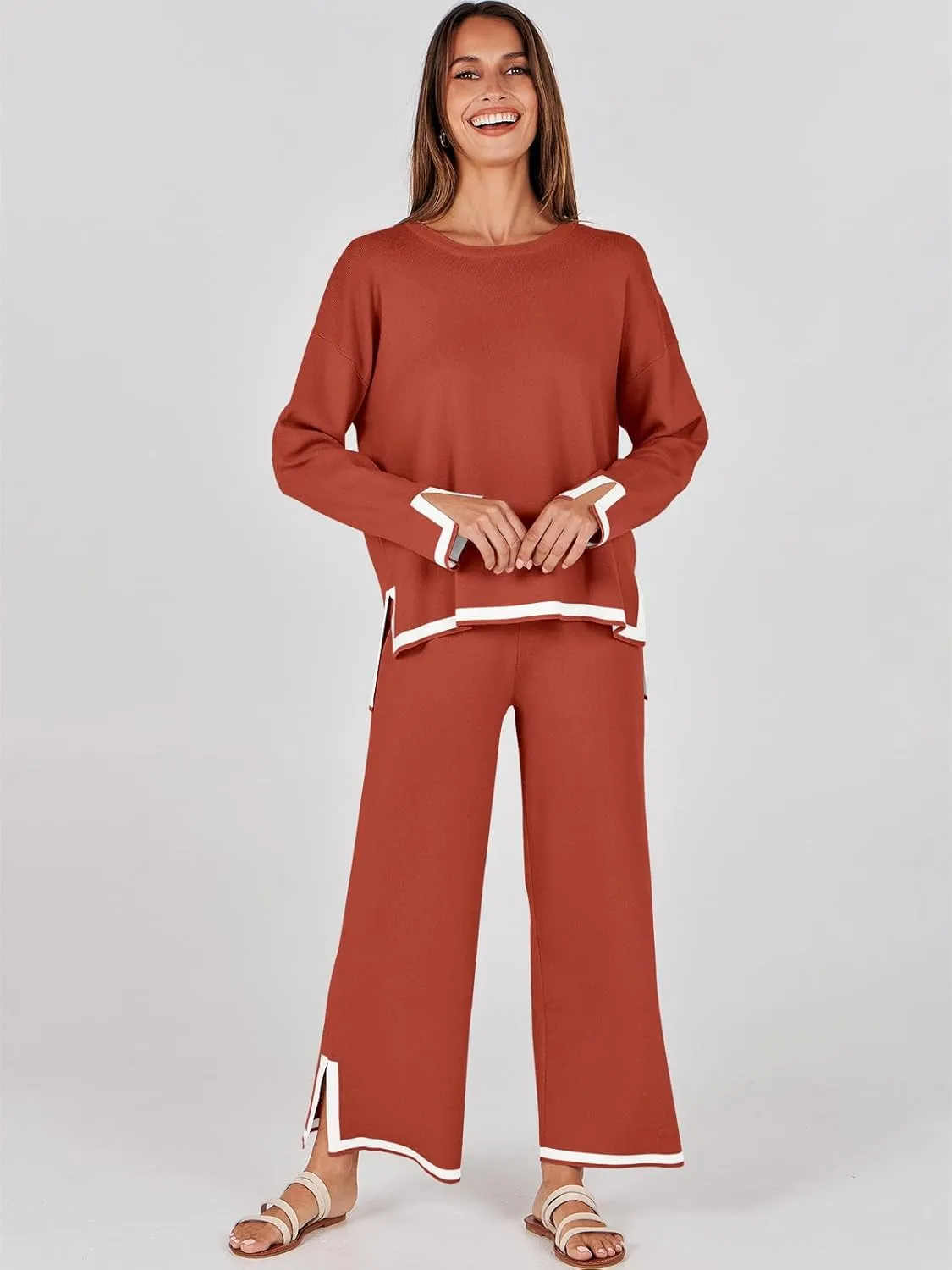 ANRABESS Women's Two Piece Outfits Knit Pullover Sweater Tops & Wide leg Pants Lounge Matching Sweatsuit Tracksuits Sets