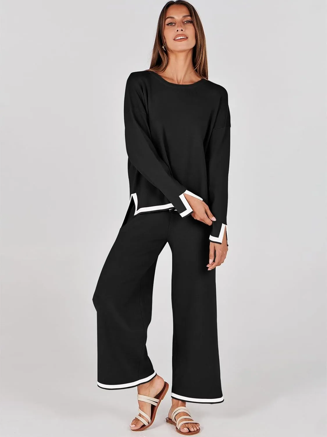 ANRABESS Women's Two Piece Outfits Knit Pullover Sweater Tops & Wide leg Pants Lounge Matching Sweatsuit Tracksuits Sets