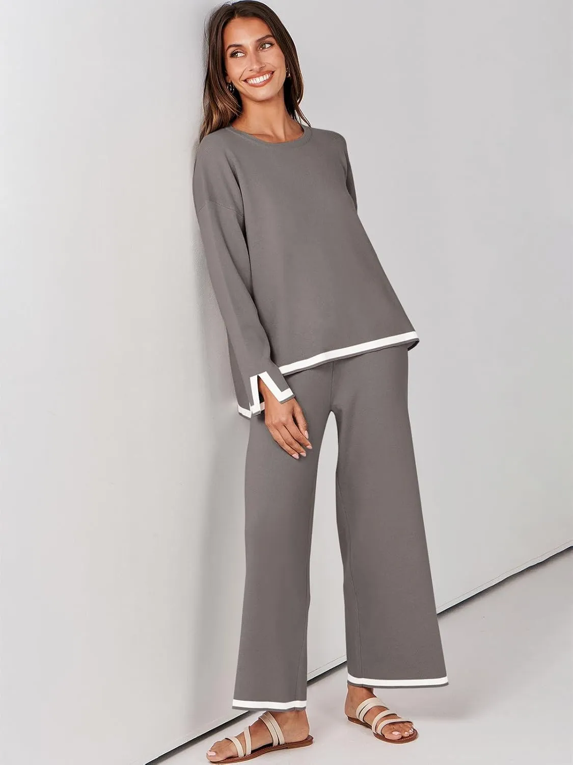 ANRABESS Women's Two Piece Outfits Knit Pullover Sweater Tops & Wide leg Pants Lounge Matching Sweatsuit Tracksuits Sets