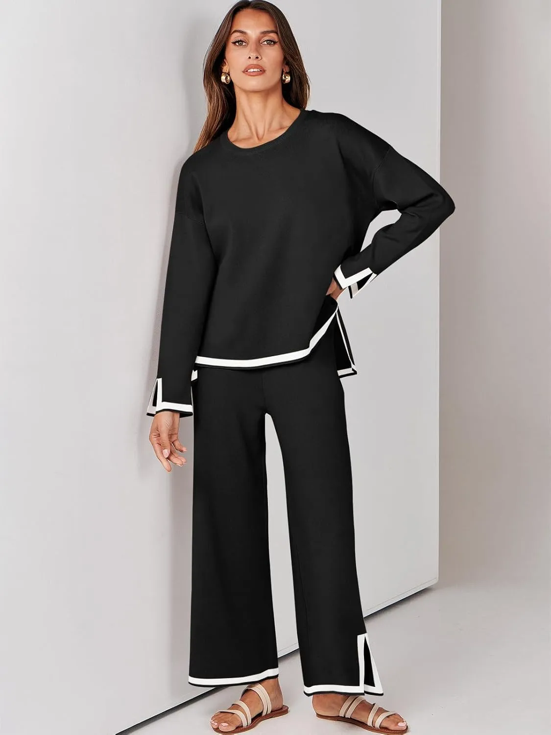 ANRABESS Women's Two Piece Outfits Knit Pullover Sweater Tops & Wide leg Pants Lounge Matching Sweatsuit Tracksuits Sets