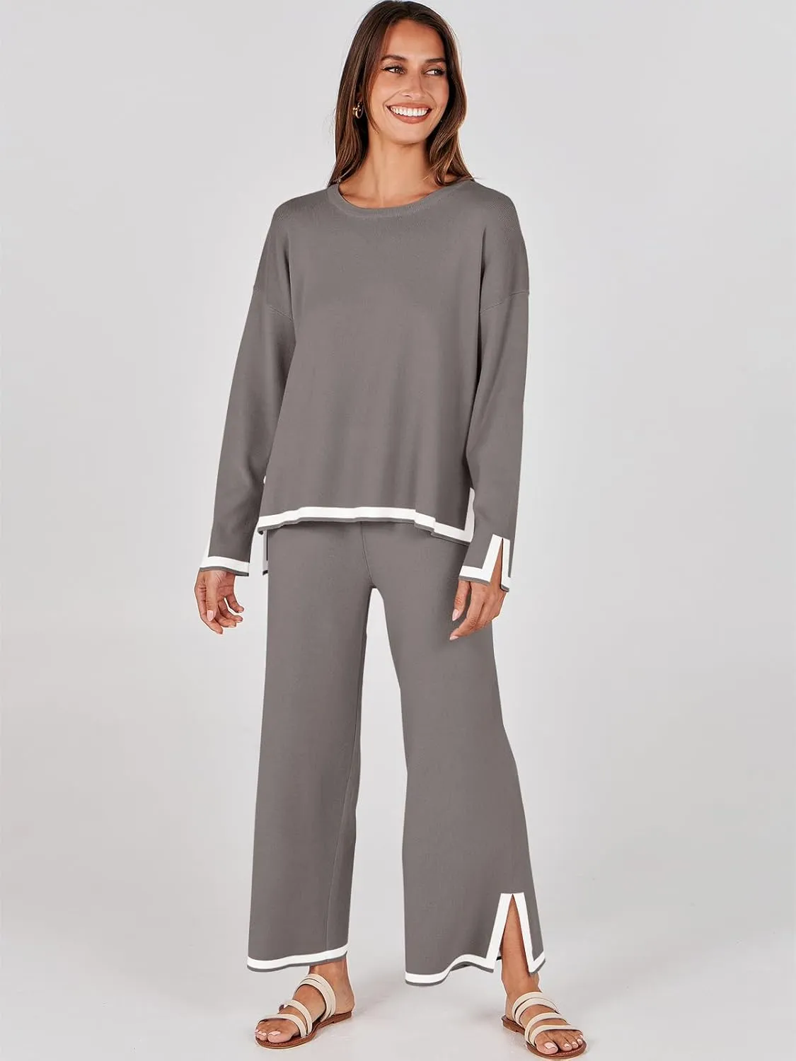 ANRABESS Women's Two Piece Outfits Knit Pullover Sweater Tops & Wide leg Pants Lounge Matching Sweatsuit Tracksuits Sets