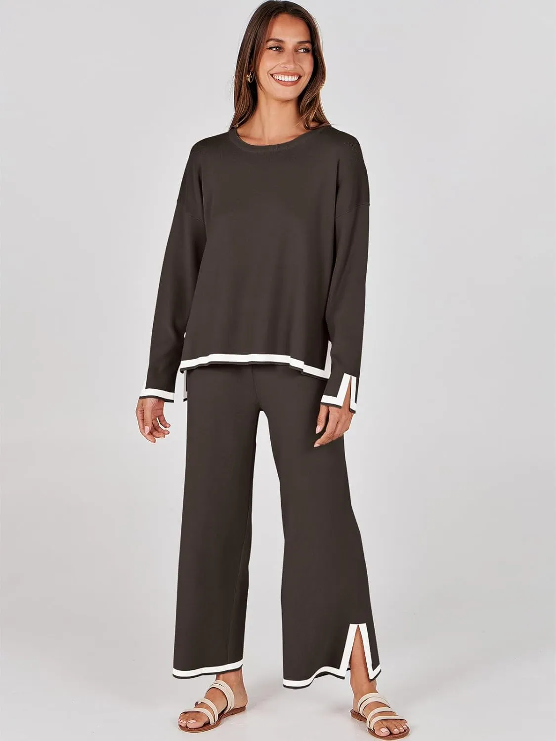 ANRABESS Women's Two Piece Outfits Knit Pullover Sweater Tops & Wide leg Pants Lounge Matching Sweatsuit Tracksuits Sets
