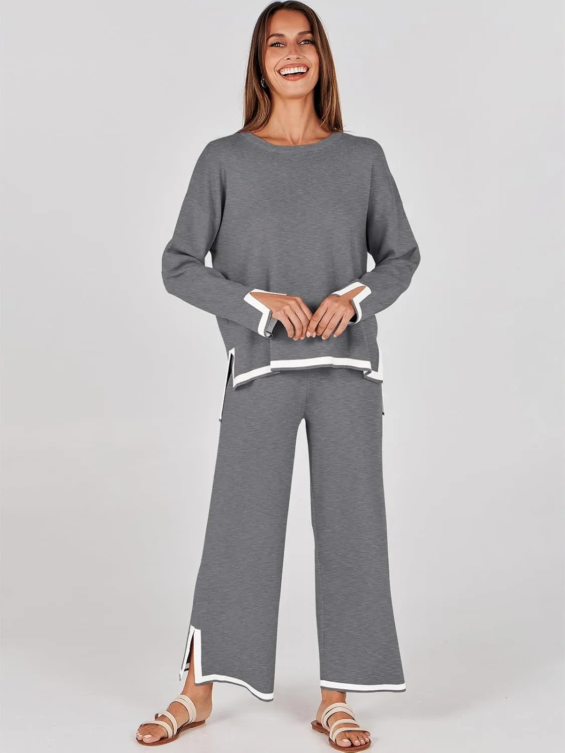 ANRABESS Women's Two Piece Outfits Knit Pullover Sweater Tops & Wide leg Pants Lounge Matching Sweatsuit Tracksuits Sets