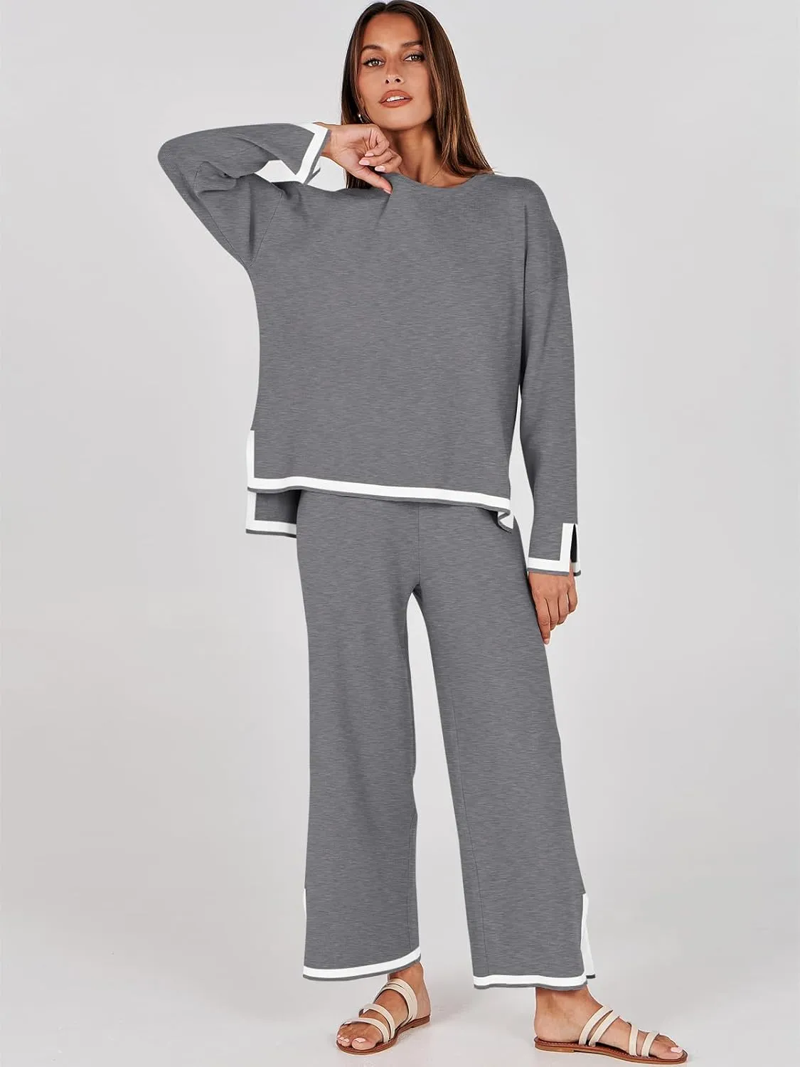 ANRABESS Women's Two Piece Outfits Knit Pullover Sweater Tops & Wide leg Pants Lounge Matching Sweatsuit Tracksuits Sets