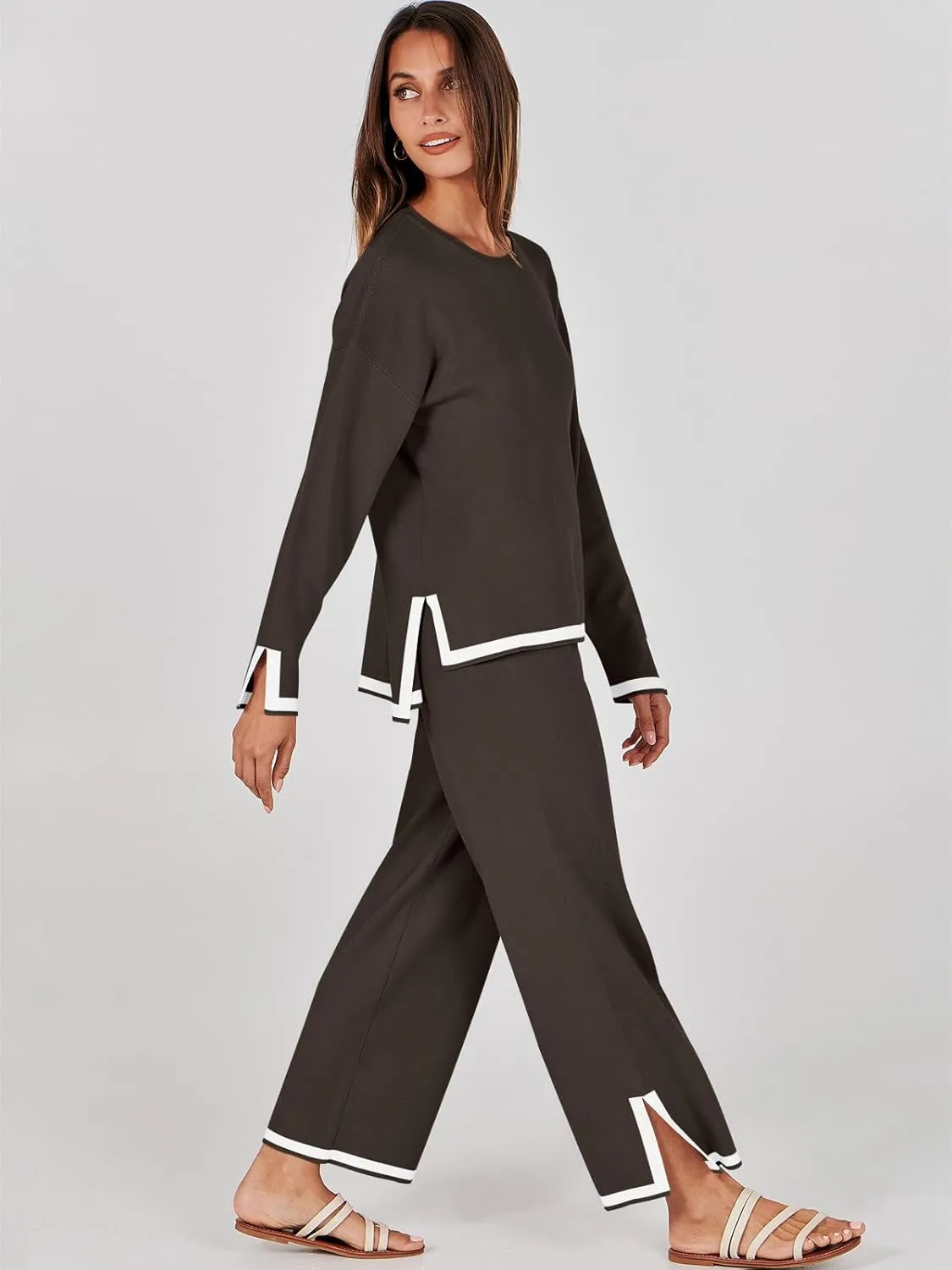 ANRABESS Women's Two Piece Outfits Knit Pullover Sweater Tops & Wide leg Pants Lounge Matching Sweatsuit Tracksuits Sets