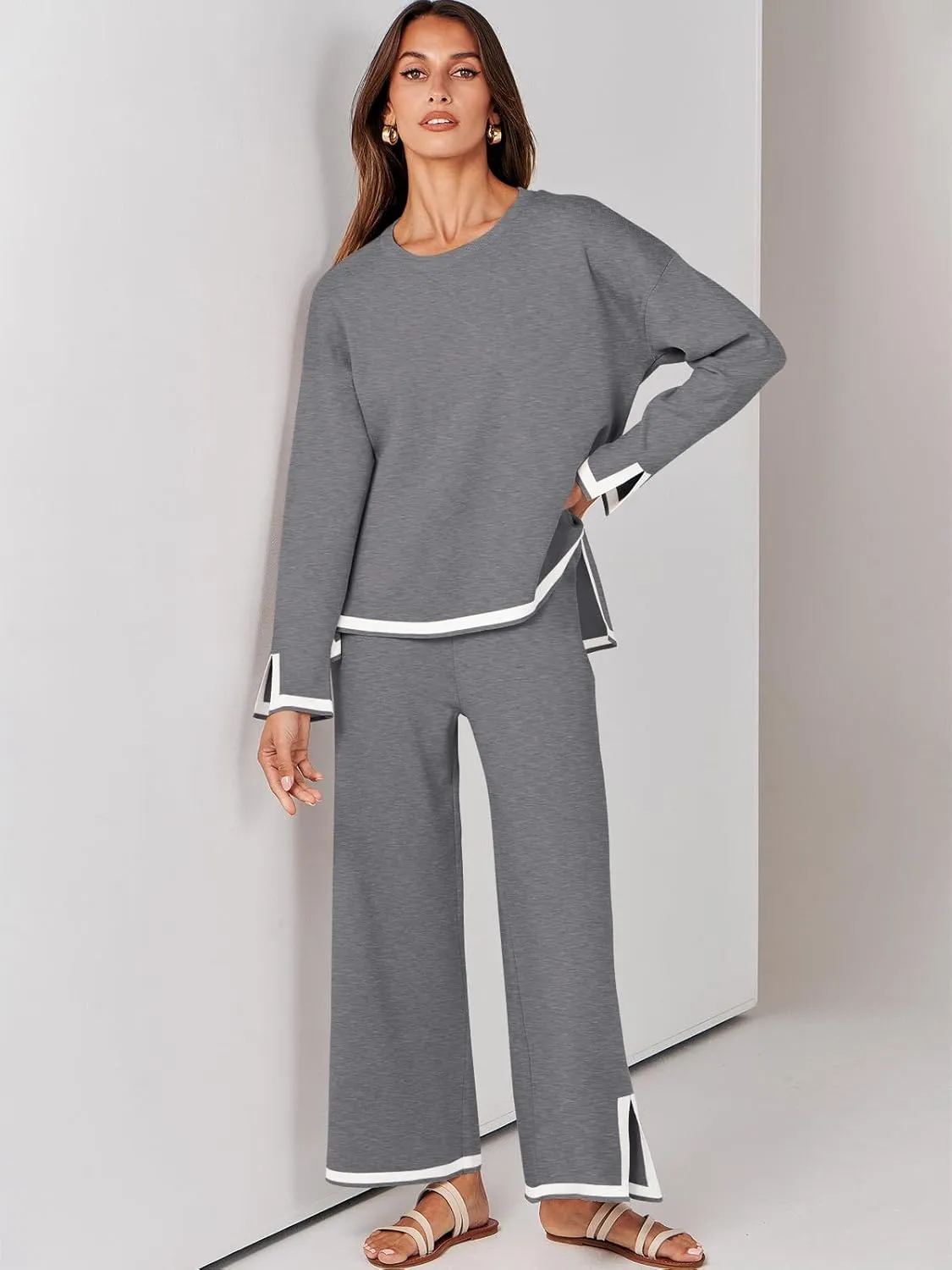 ANRABESS Women's Two Piece Outfits Knit Pullover Sweater Tops & Wide leg Pants Lounge Matching Sweatsuit Tracksuits Sets