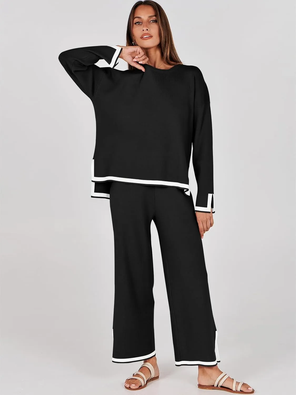 ANRABESS Women's Two Piece Outfits Knit Pullover Sweater Tops & Wide leg Pants Lounge Matching Sweatsuit Tracksuits Sets