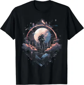 Astronaut Art Galaxy T-Shirt - Unisex-Adults, Black, Small, Classic Fit, V-Neck, Double-Needle Sleeve