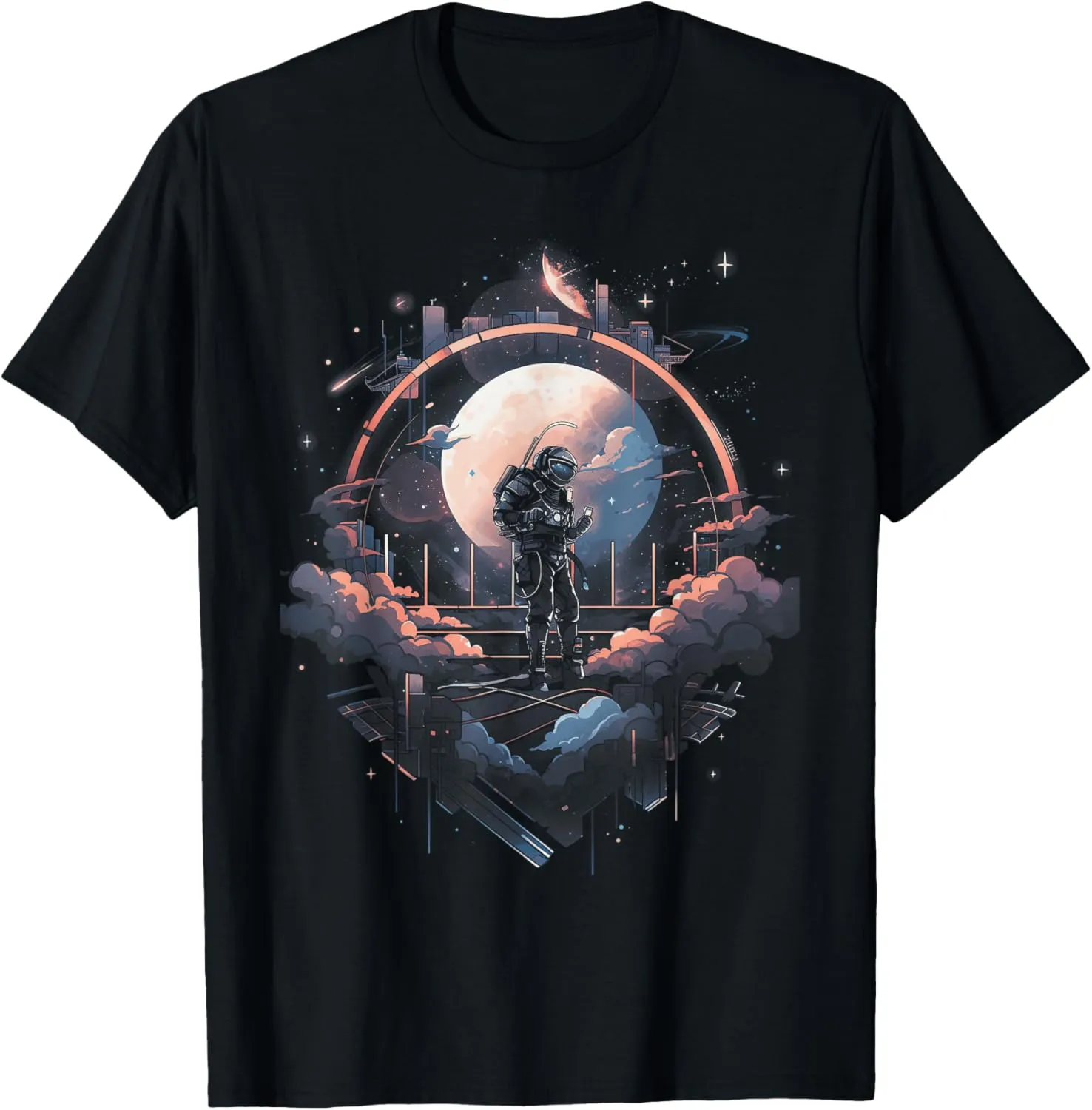 Astronaut Art Galaxy T-Shirt - Unisex-Adults, Black, Small, Classic Fit, V-Neck, Double-Needle Sleeve