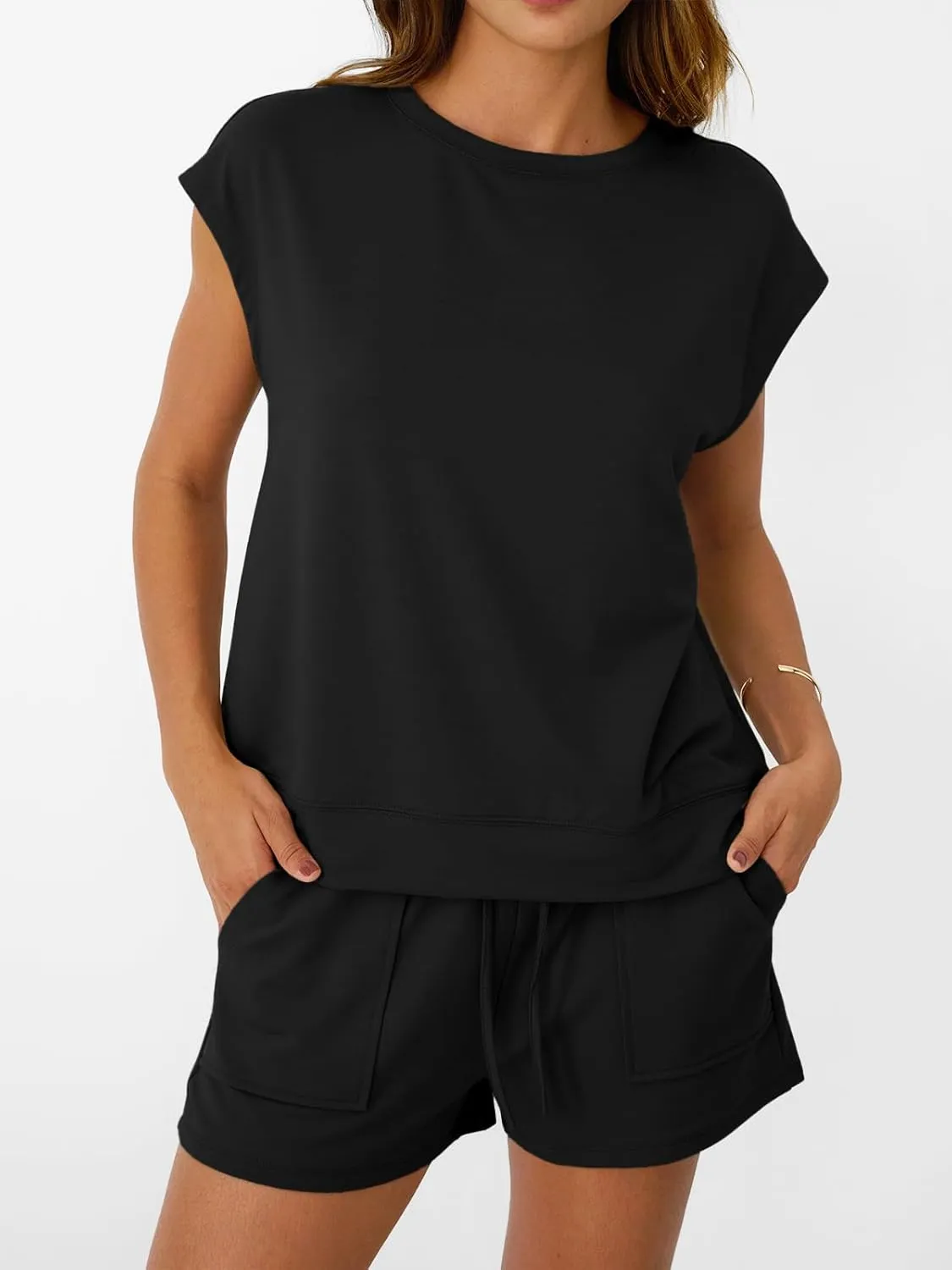 AUTOMET Womens Crew Neck Two Piece short Sets Cap Sleeve Drawstring Summer Sweatsuit with Pocket