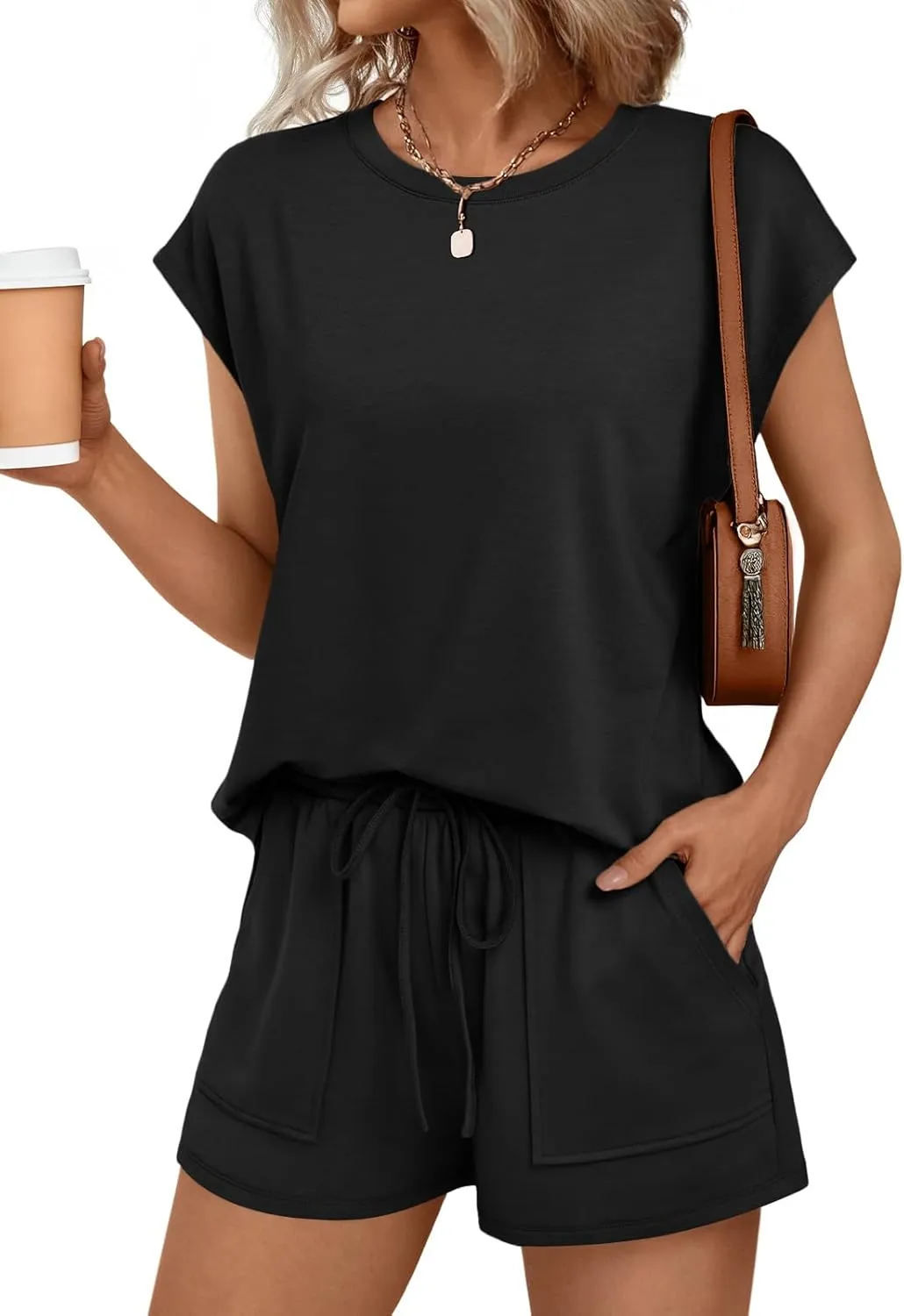 AUTOMET Womens Crew Neck Two Piece short Sets Cap Sleeve Drawstring Summer Sweatsuit with Pocket