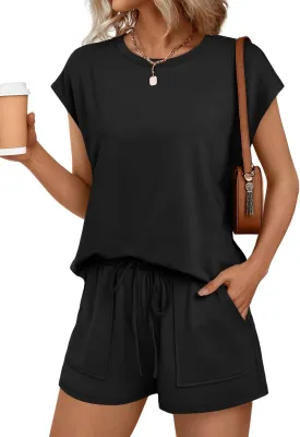 AUTOMET Womens Crew Neck Two Piece short Sets Cap Sleeve Drawstring Summer Sweatsuit with Pocket
