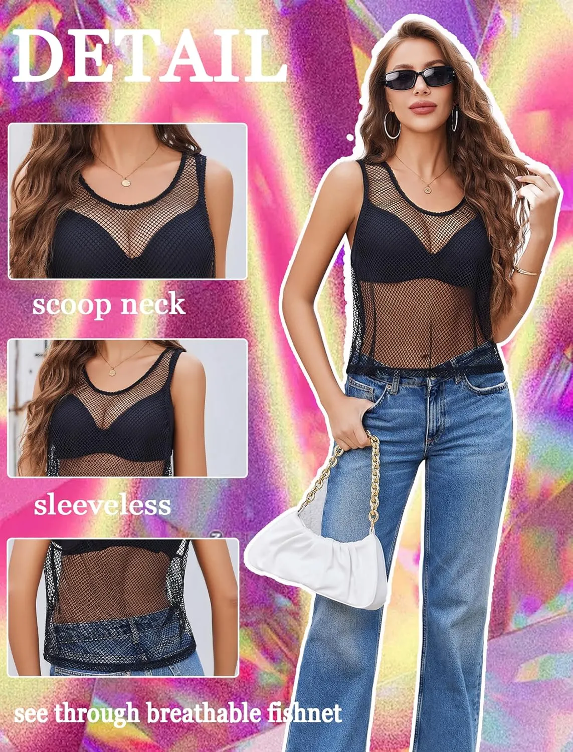 Avidlove Fishnet Top for Women Sleeveless See Through Cover Up Scoop Neck Blouses Y2K Sheer Tank Shirt