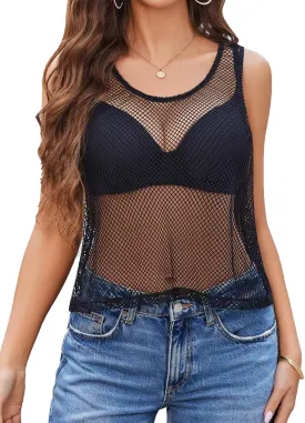 Avidlove Fishnet Top for Women Sleeveless See Through Cover Up Scoop Neck Blouses Y2K Sheer Tank Shirt