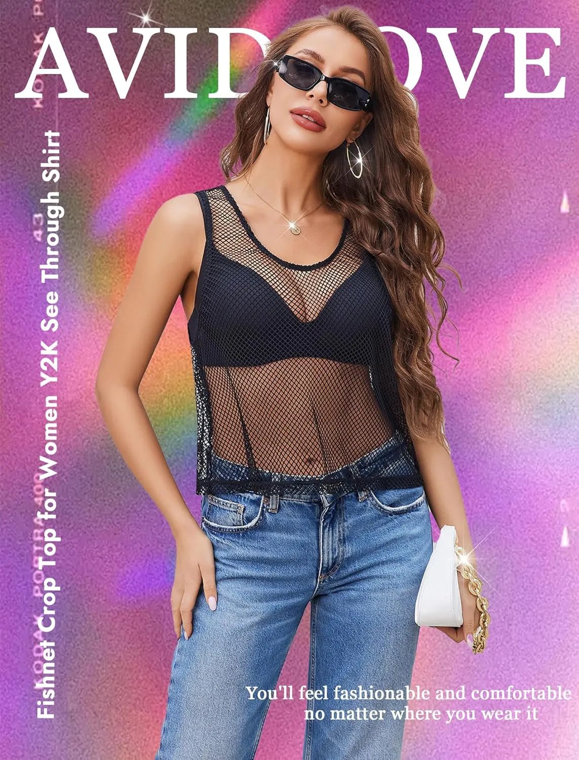 Avidlove Fishnet Top for Women Sleeveless See Through Cover Up Scoop Neck Blouses Y2K Sheer Tank Shirt