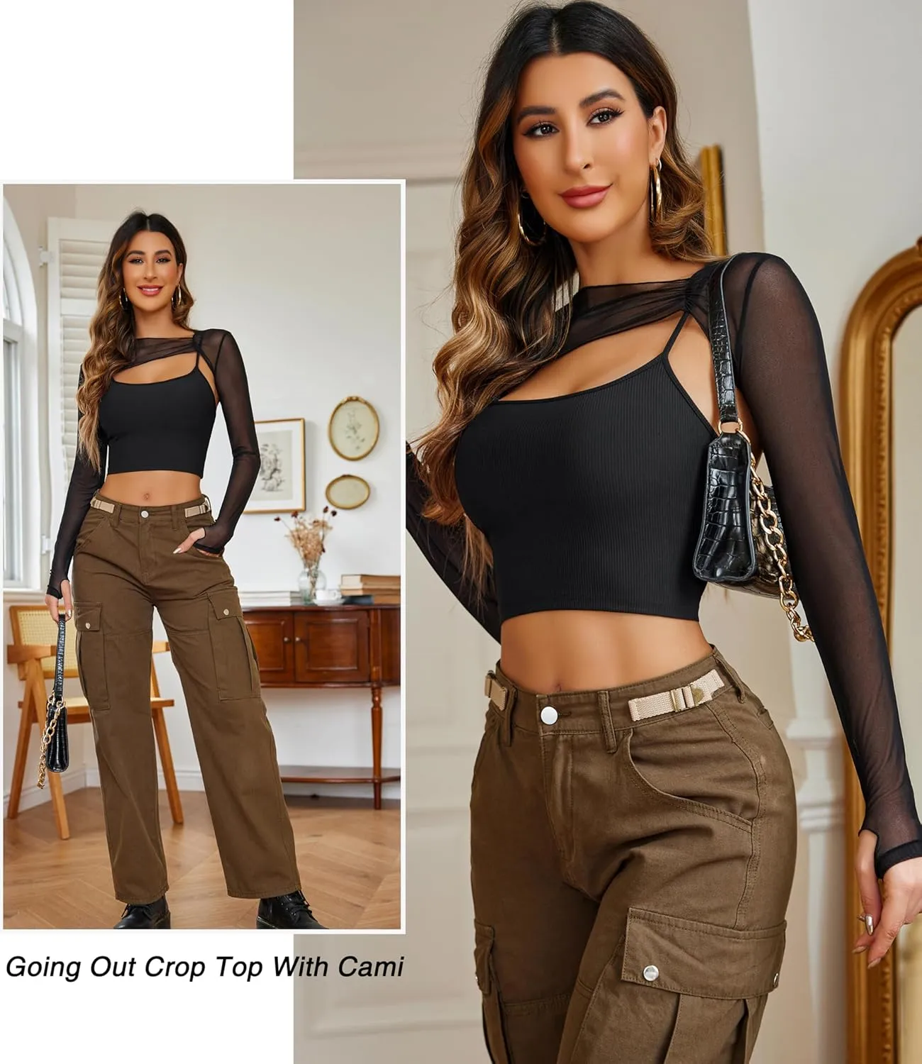 Avidlove Women Sexy Long Sleeve Mesh Crop Top Solid Cover Up with Spaghetti Strap Cami Top 2 Pieces Clubwear with Thumb Holes