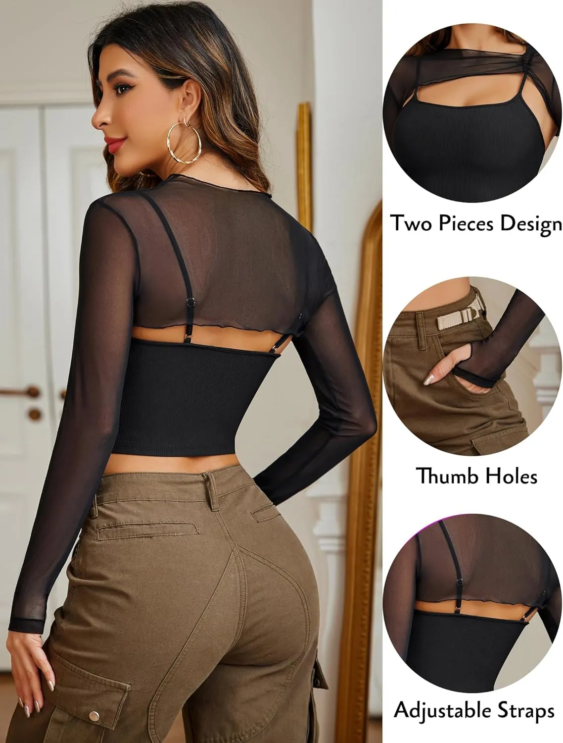 Avidlove Women Sexy Long Sleeve Mesh Crop Top Solid Cover Up with Spaghetti Strap Cami Top 2 Pieces Clubwear with Thumb Holes