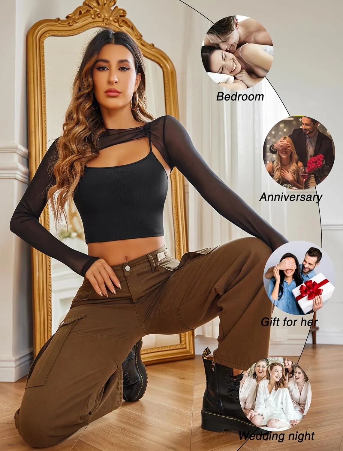 Avidlove Women Sexy Long Sleeve Mesh Crop Top Solid Cover Up with Spaghetti Strap Cami Top 2 Pieces Clubwear with Thumb Holes