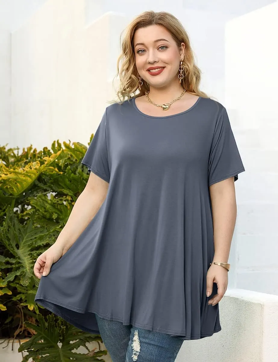 BELAROI Plus Size Tunic Tops Women Summer Casual Short Sleeve Shirts for Leggings Loose Fit Flowy Scoop Neck