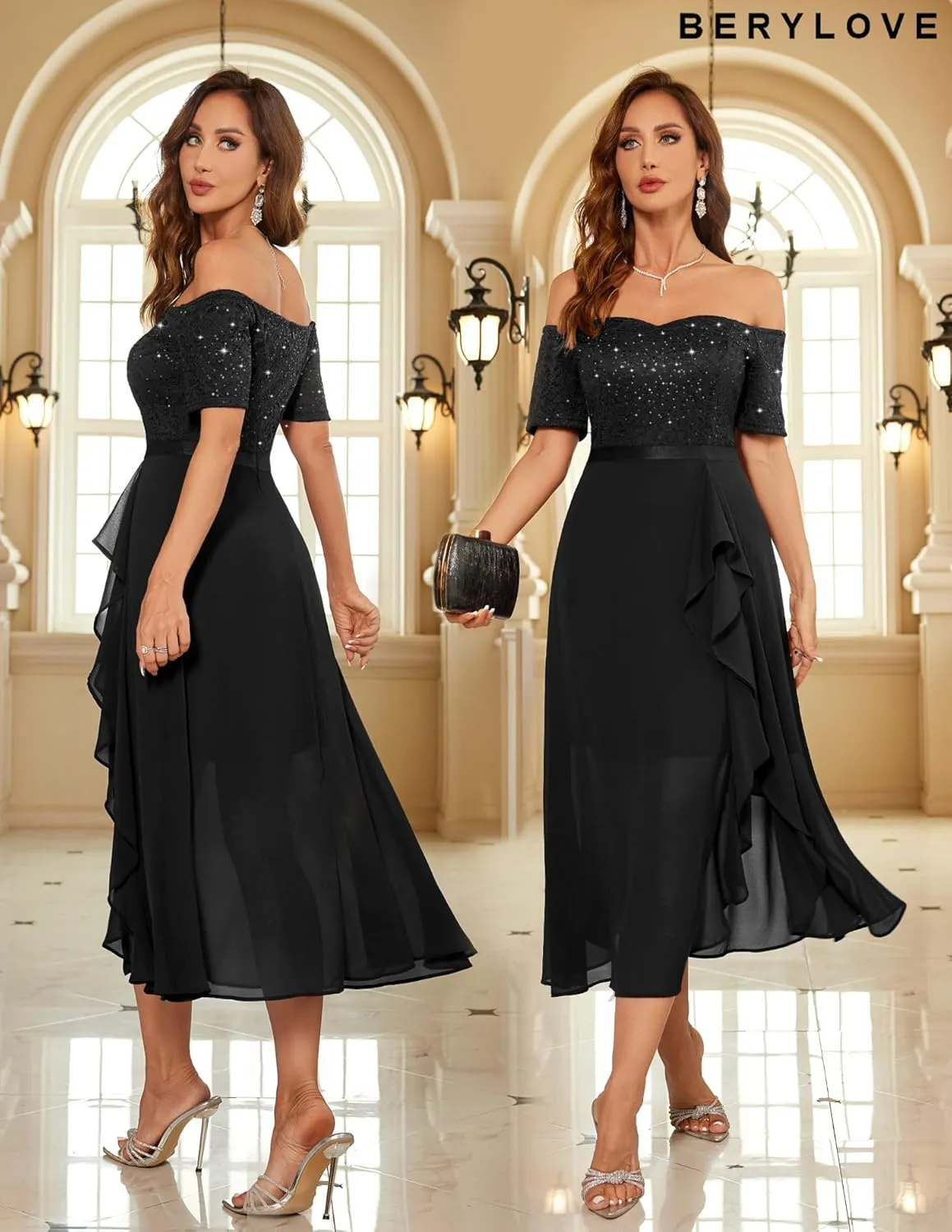 BeryLove Women Sequin Formal Party Dress Off Shoulder Wedding Cocktail Midi Evening Dress