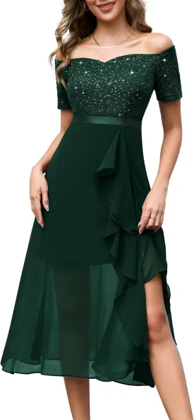 BeryLove Women Sequin Formal Party Dress Off Shoulder Wedding Cocktail Midi Evening Dress