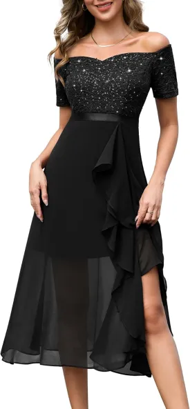 BeryLove Women Sequin Formal Party Dress Off Shoulder Wedding Cocktail Midi Evening Dress