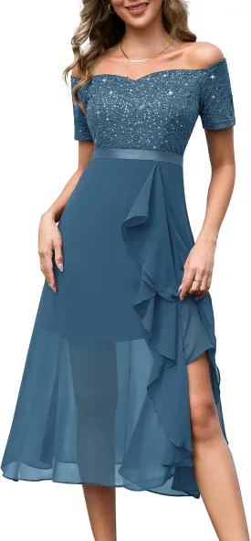 BeryLove Women Sequin Formal Party Dress Off Shoulder Wedding Cocktail Midi Evening Dress