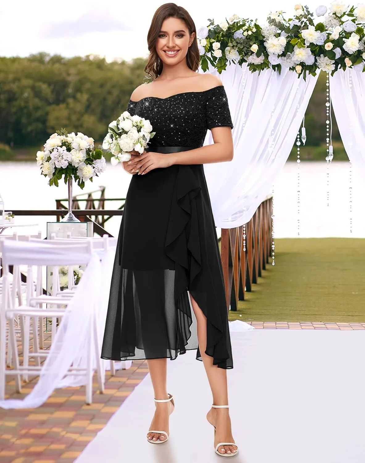 BeryLove Women Sequin Formal Party Dress Off Shoulder Wedding Cocktail Midi Evening Dress