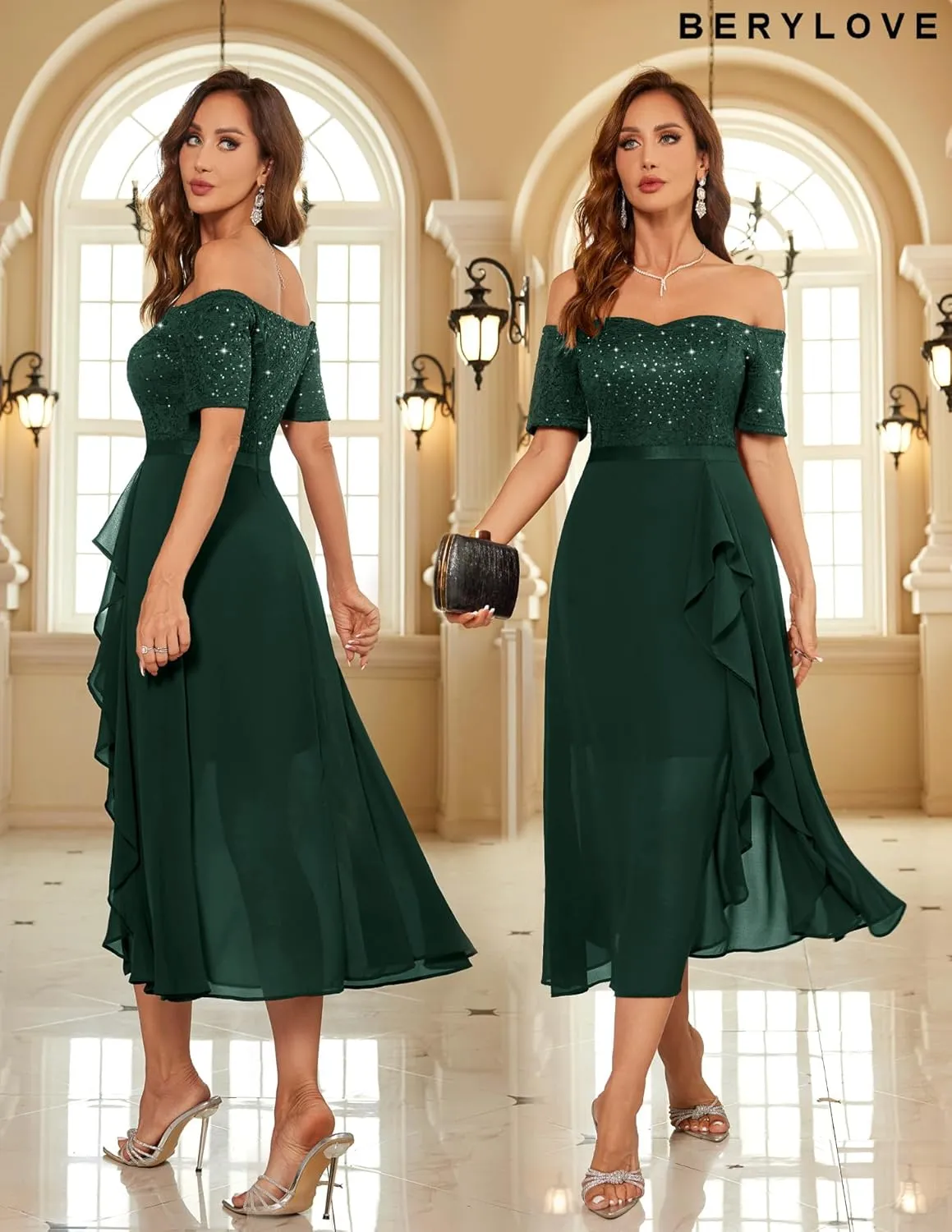 BeryLove Women Sequin Formal Party Dress Off Shoulder Wedding Cocktail Midi Evening Dress