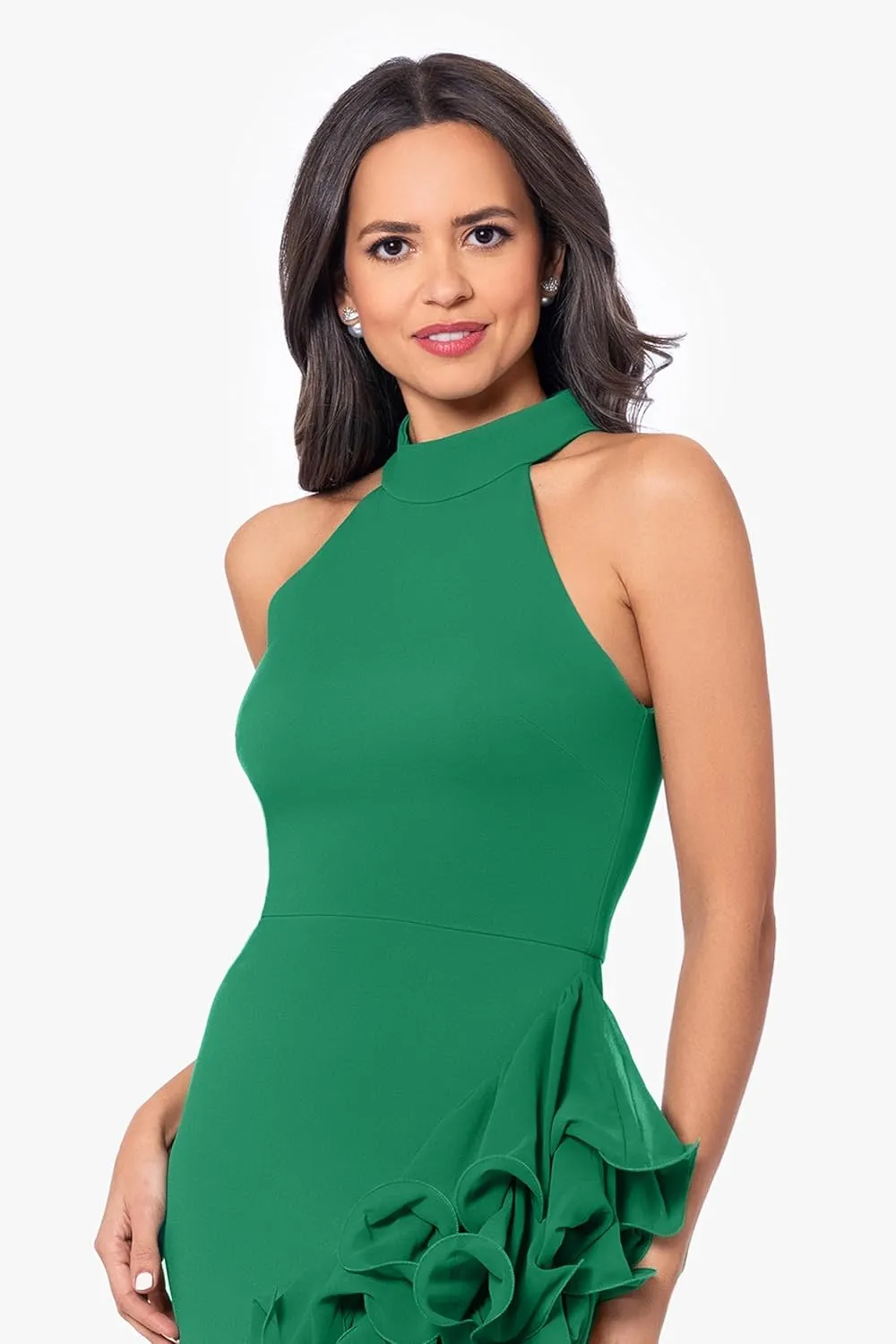 Betsy & Adam Women's Sleeveless High Neck Ruffle Detail Asymmetrical Hem Dress
