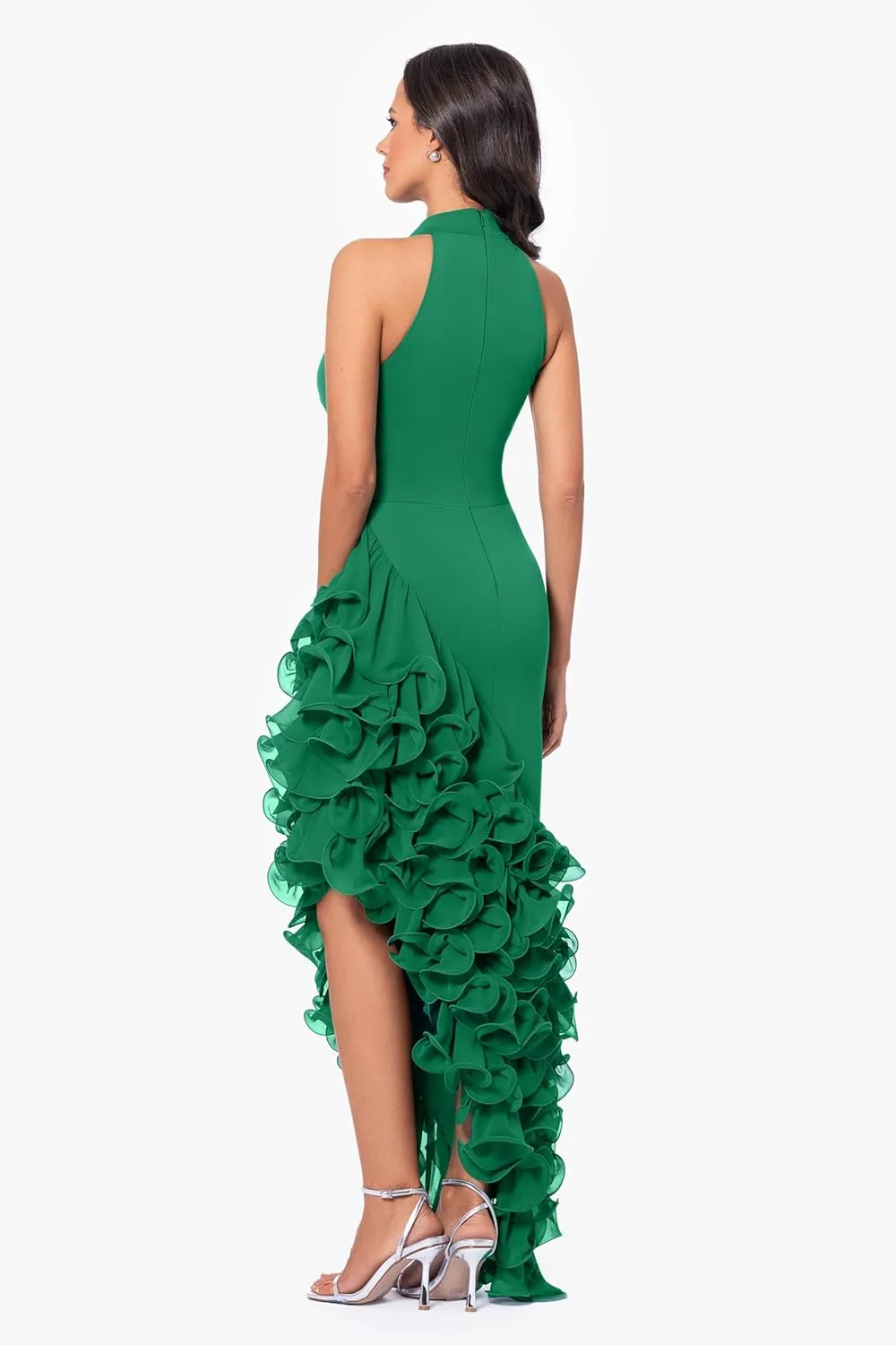 Betsy & Adam Women's Sleeveless High Neck Ruffle Detail Asymmetrical Hem Dress
