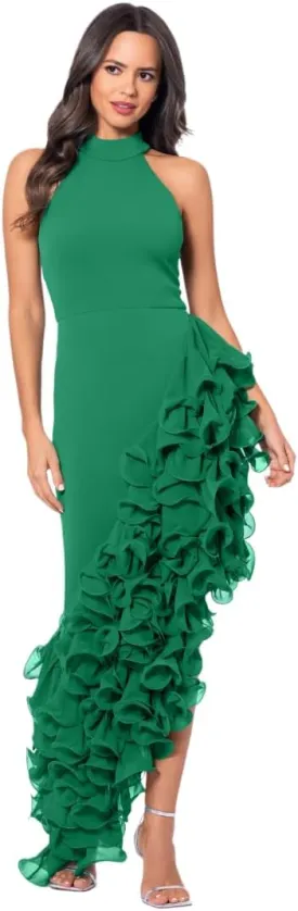 Betsy & Adam Women's Sleeveless High Neck Ruffle Detail Asymmetrical Hem Dress