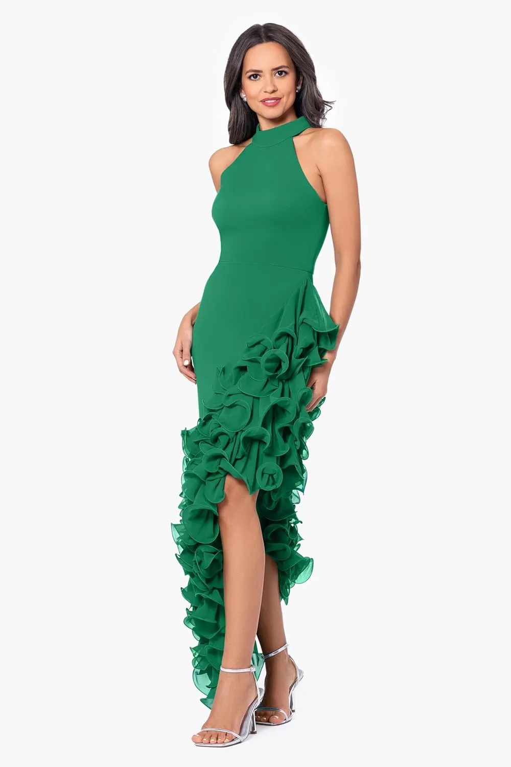 Betsy & Adam Women's Sleeveless High Neck Ruffle Detail Asymmetrical Hem Dress