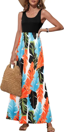 Bluetime Women's Summer Boho Sleeveless Floral Print Tank Long Maxi Dress (S-3XL)