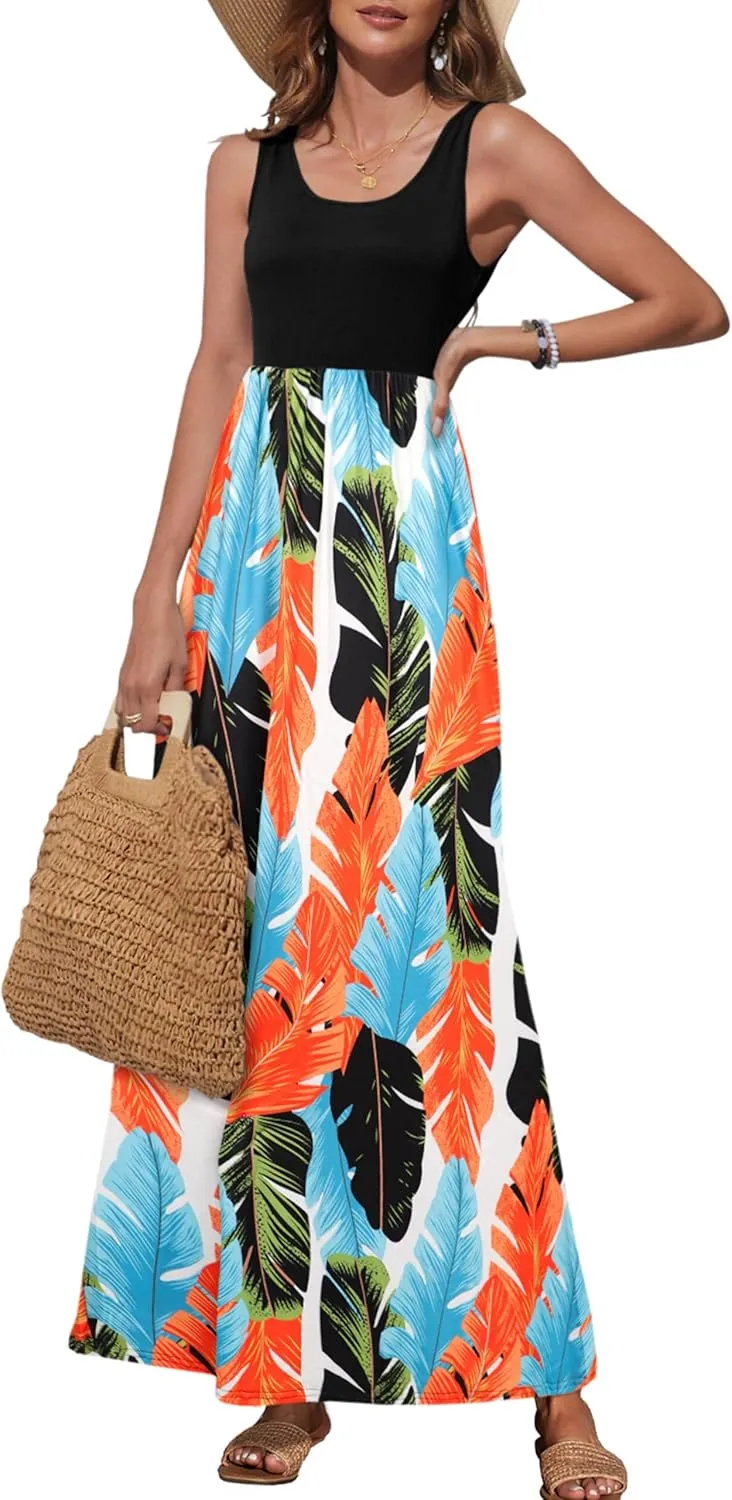 Bluetime Women's Summer Boho Sleeveless Floral Print Tank Long Maxi Dress (S-3XL)