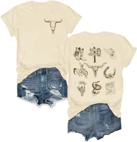 Boho Cow Skull Shirt Women Cowgirl t Shirt Vintage Western Rodeo Graphic Tee Short Sleeve Bull Skull Casual Top