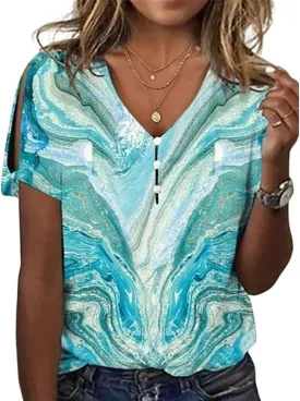 Boho Tops for Women Hippie Floral Shirts 2025 Cold Shoulder Short Sleeve V Neck Button Down Fashion T Shirts Blouse