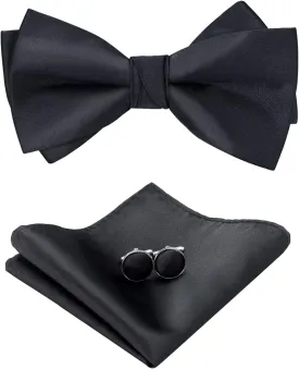 Bow Ties for Men, Mens Pre-Tie Bow Tie Satin Silk Adjustable Bow Tie Cufflinks Handkerchief Sets With Gift Box