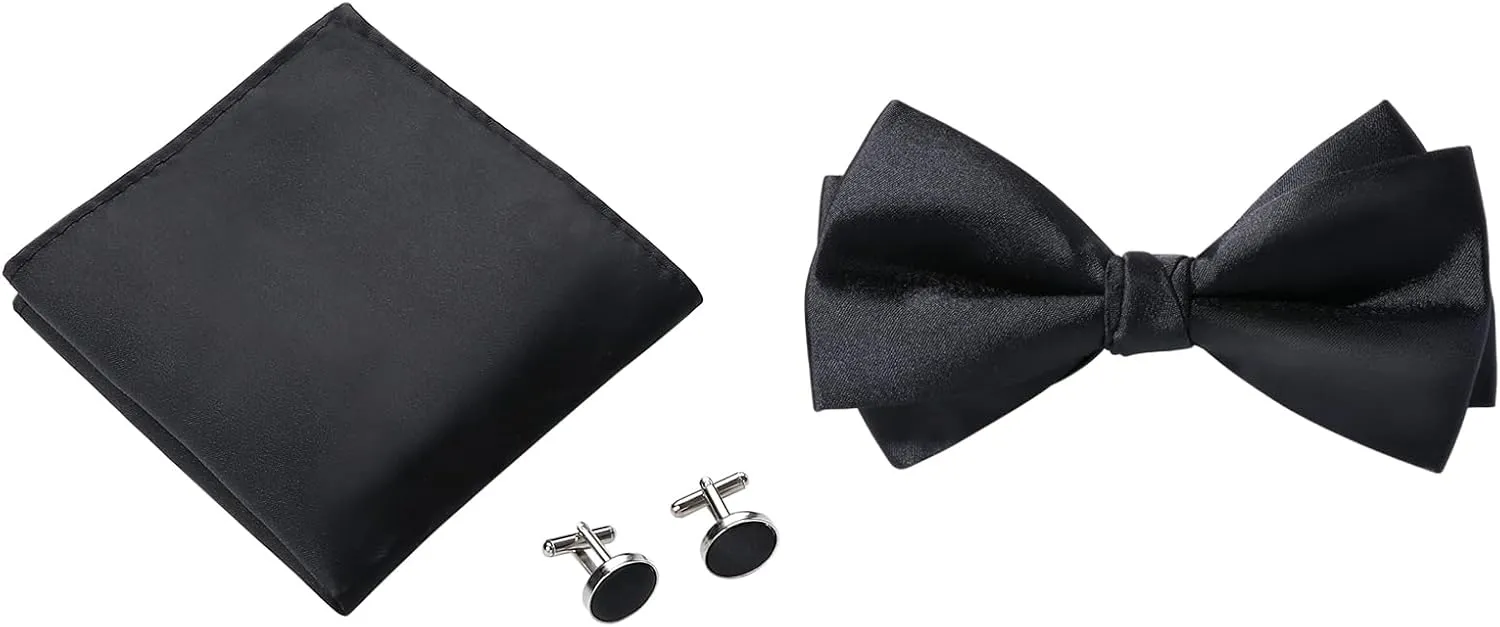 Bow Ties for Men, Mens Pre-Tie Bow Tie Satin Silk Adjustable Bow Tie Cufflinks Handkerchief Sets With Gift Box