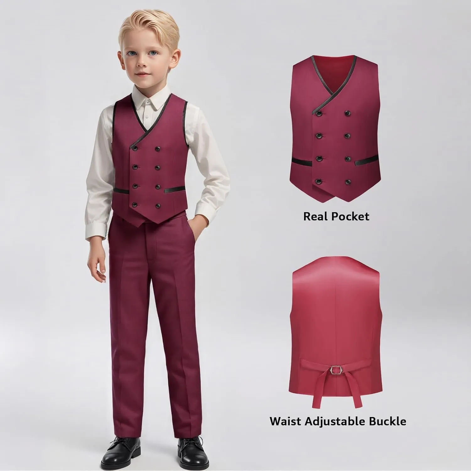 Boys Suit Set Slim Fit 4 Piece Formal Outfits Kids Suits Tuxedo Boys Vest Blazer Pants with Bow Tie for Wedding