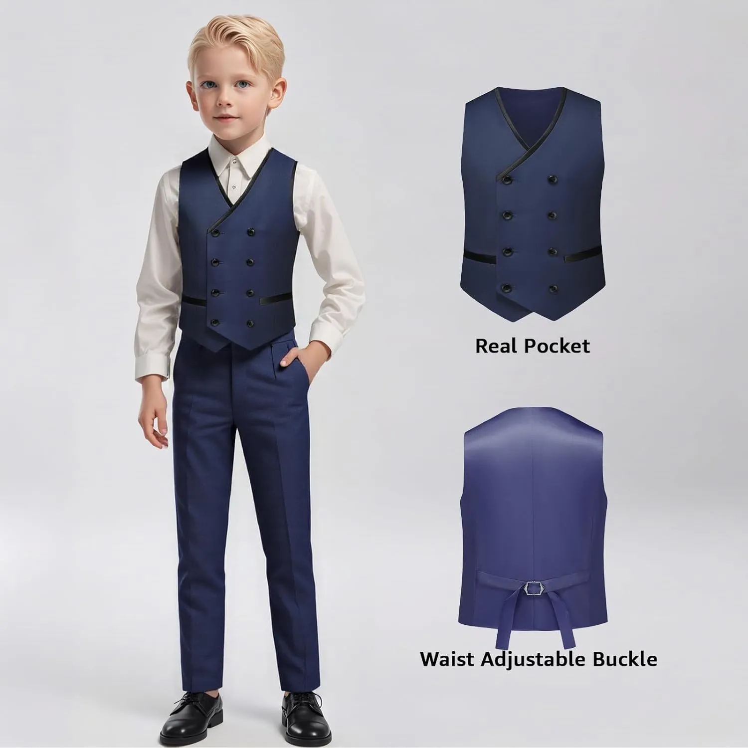 Boys Suit Set Slim Fit 4 Piece Formal Outfits Kids Suits Tuxedo Boys Vest Blazer Pants with Bow Tie for Wedding