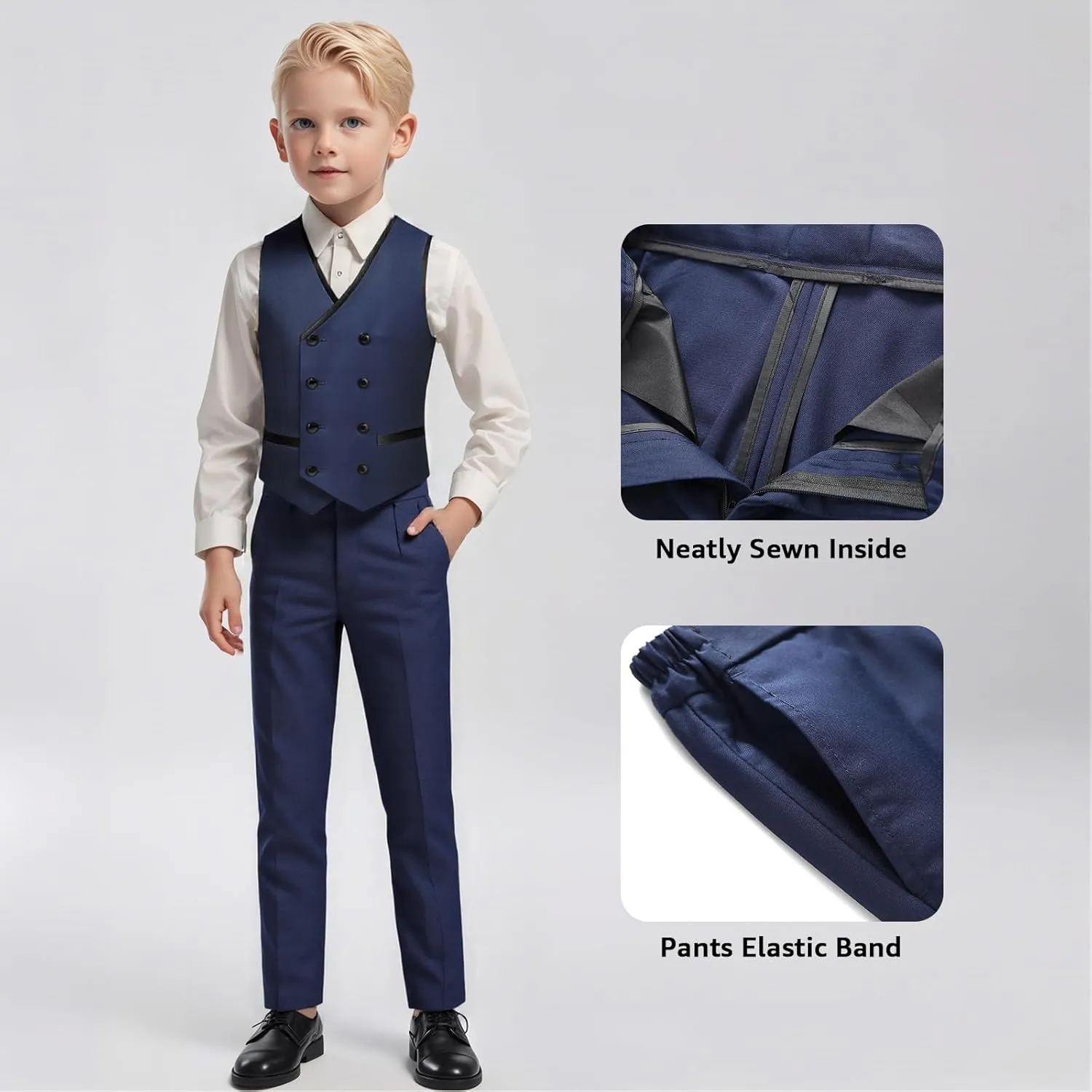 Boys Suit Set Slim Fit 4 Piece Formal Outfits Kids Suits Tuxedo Boys Vest Blazer Pants with Bow Tie for Wedding