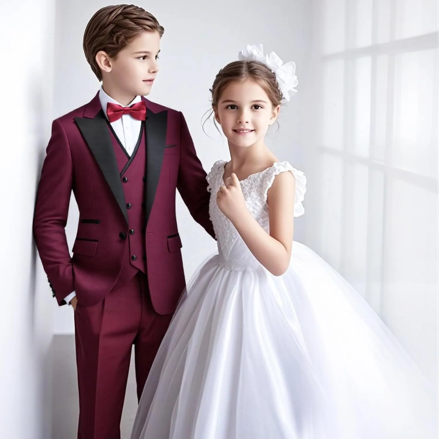 Boys Suit Set Slim Fit 4 Piece Formal Outfits Kids Suits Tuxedo Boys Vest Blazer Pants with Bow Tie for Wedding
